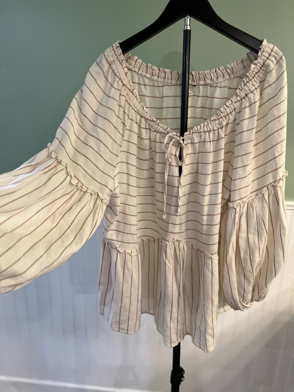 Cato Cream Striped Off-Shoulder Tie Peasant Top
